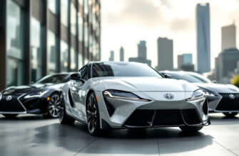 Современные автомобили Toyota, Lexus и Honda на фоне городского пейзажа в деловом стиле.