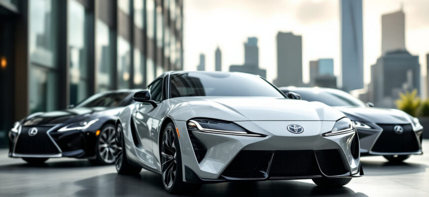 Современные автомобили Toyota, Lexus и Honda на фоне городского пейзажа в деловом стиле.