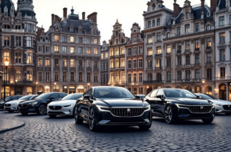 Several modern Chinese cars in front of a European city with classic architecture.