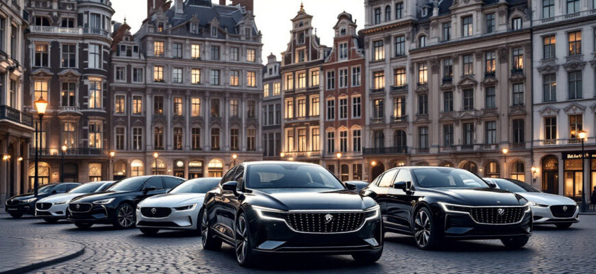 Several modern Chinese cars in front of a European city with classic architecture.