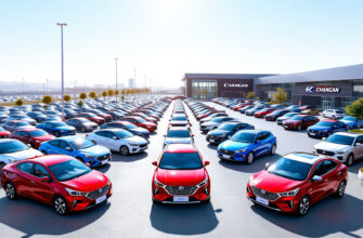 Крупная автоплощадка с новыми автомобилями Changan, готовыми к отправке на экспорт.