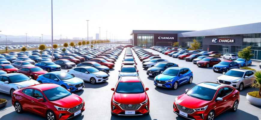 Крупная автоплощадка с новыми автомобилями Changan, готовыми к отправке на экспорт.