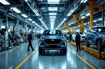 Современный автомобильный завод Chery с новыми кроссоверами на конвейере.