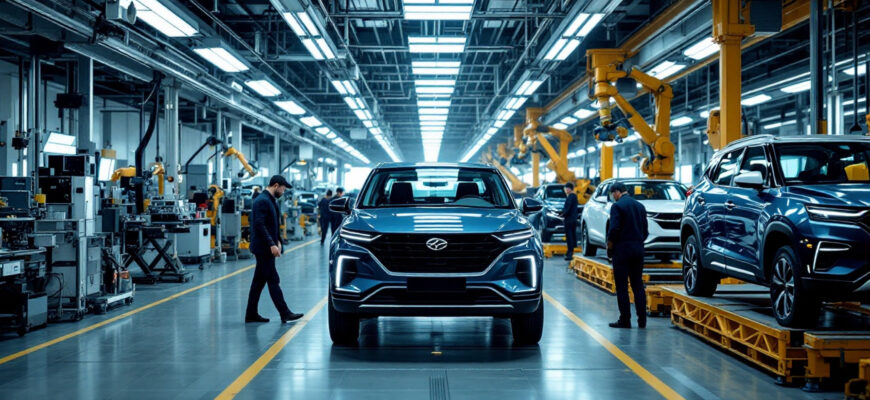 Современный автомобильный завод Chery с новыми кроссоверами на конвейере.