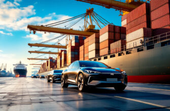 Современные автомобили BYD в морском порту, грузовики и контейнера, экспорт автомобилей из Китая.