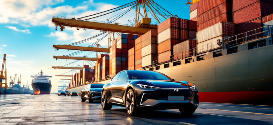 Современные автомобили BYD в морском порту, грузовики и контейнера, экспорт автомобилей из Китая.