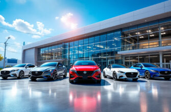 Современные автомобили Toyota, Honda, Nissan, Mazda и Subaru на фоне высокотехнологичного завода.