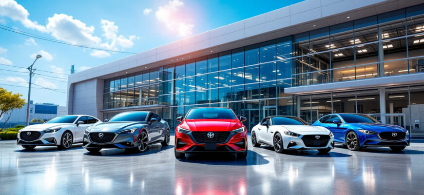 Современные автомобили Toyota, Honda, Nissan, Mazda и Subaru на фоне высокотехнологичного завода.