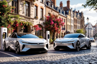 Современные электромобили Toyota на фоне европейского города с зарядными станциями.