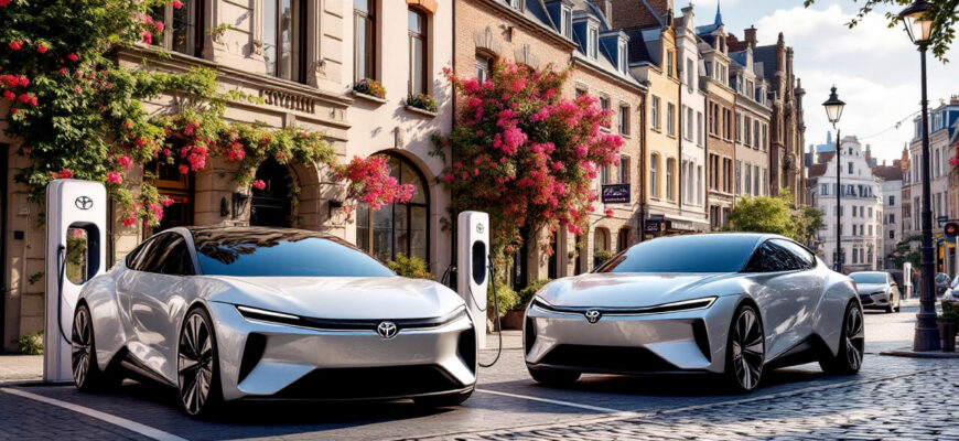 Современные электромобили Toyota на фоне европейского города с зарядными станциями.